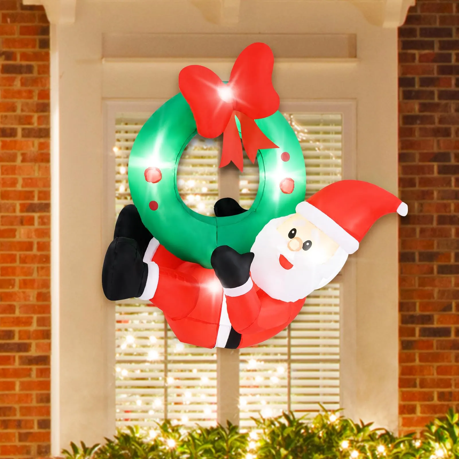 Tangkula 4 FT Inflatable Hanging Santa Claus Wreath, Christmas Pre-Lit Santa & Wreath with Red Bow & 5 LED Lights