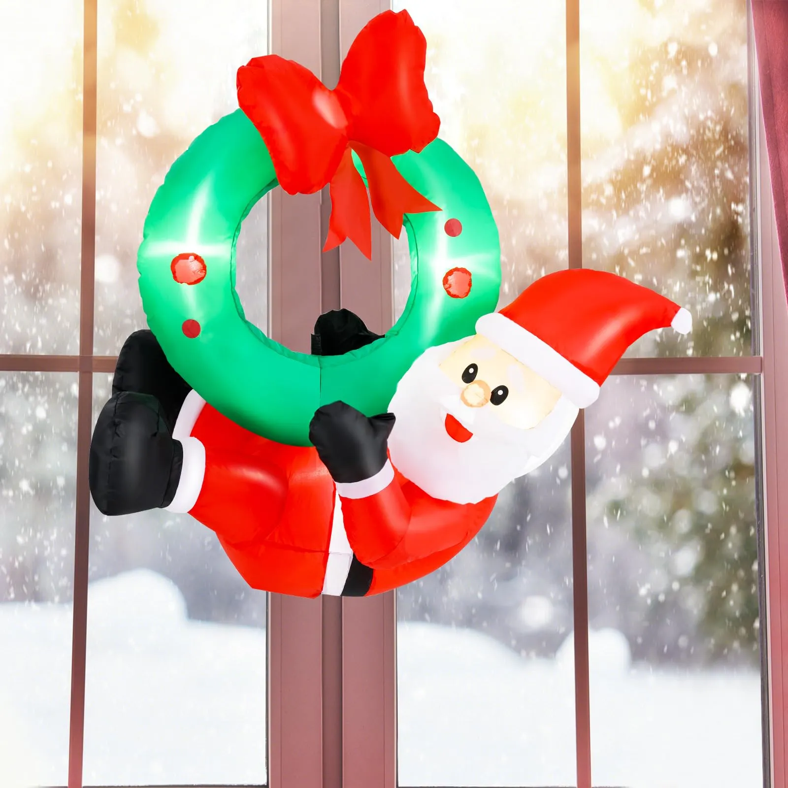 Tangkula 4 FT Inflatable Hanging Santa Claus Wreath, Christmas Pre-Lit Santa & Wreath with Red Bow & 5 LED Lights