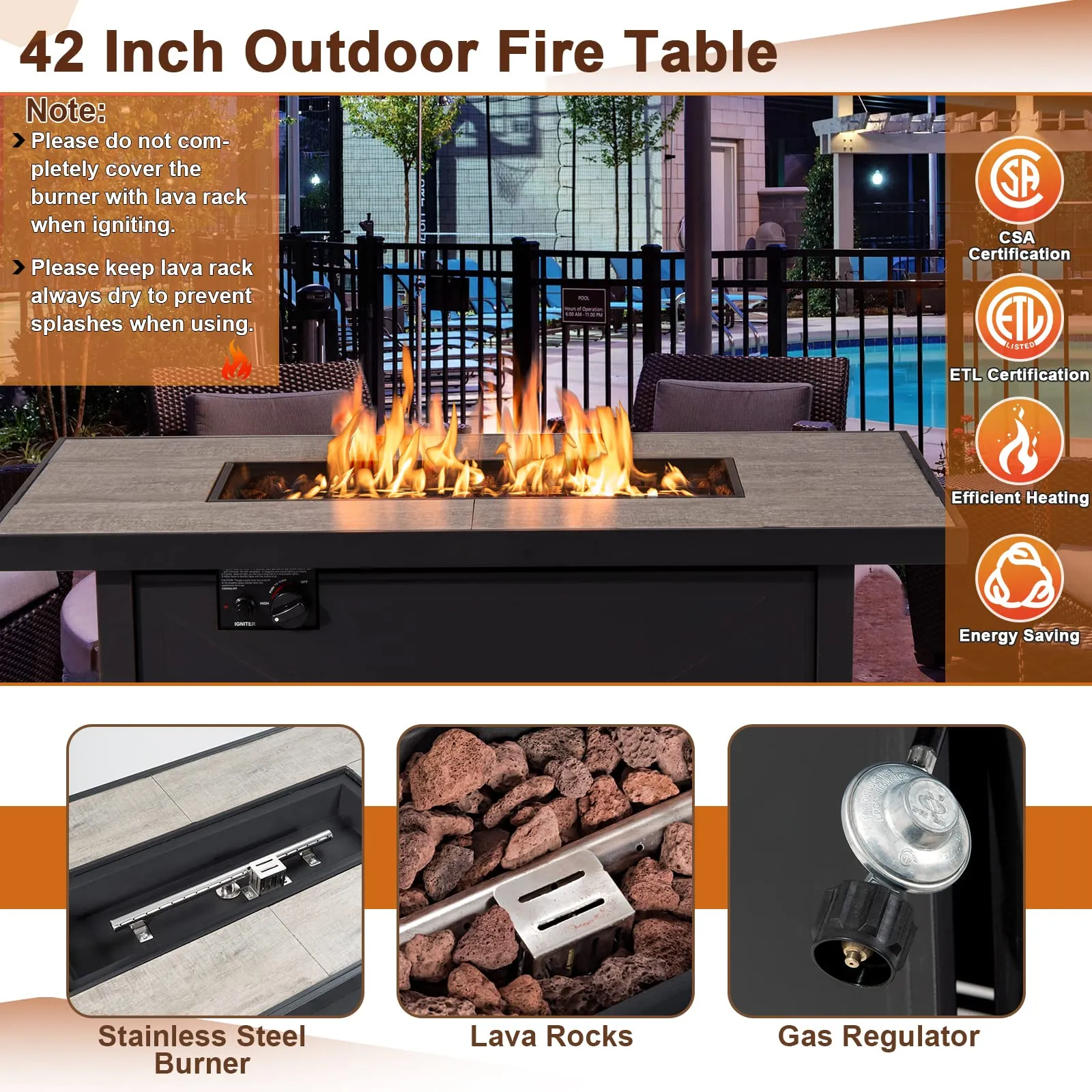 Tangkula 42 Inch Propane Fire Pit Table, Patiojoy 60,000 BTU Outdoor Rectangle Gas Fire Table with Ceramic Tabletop