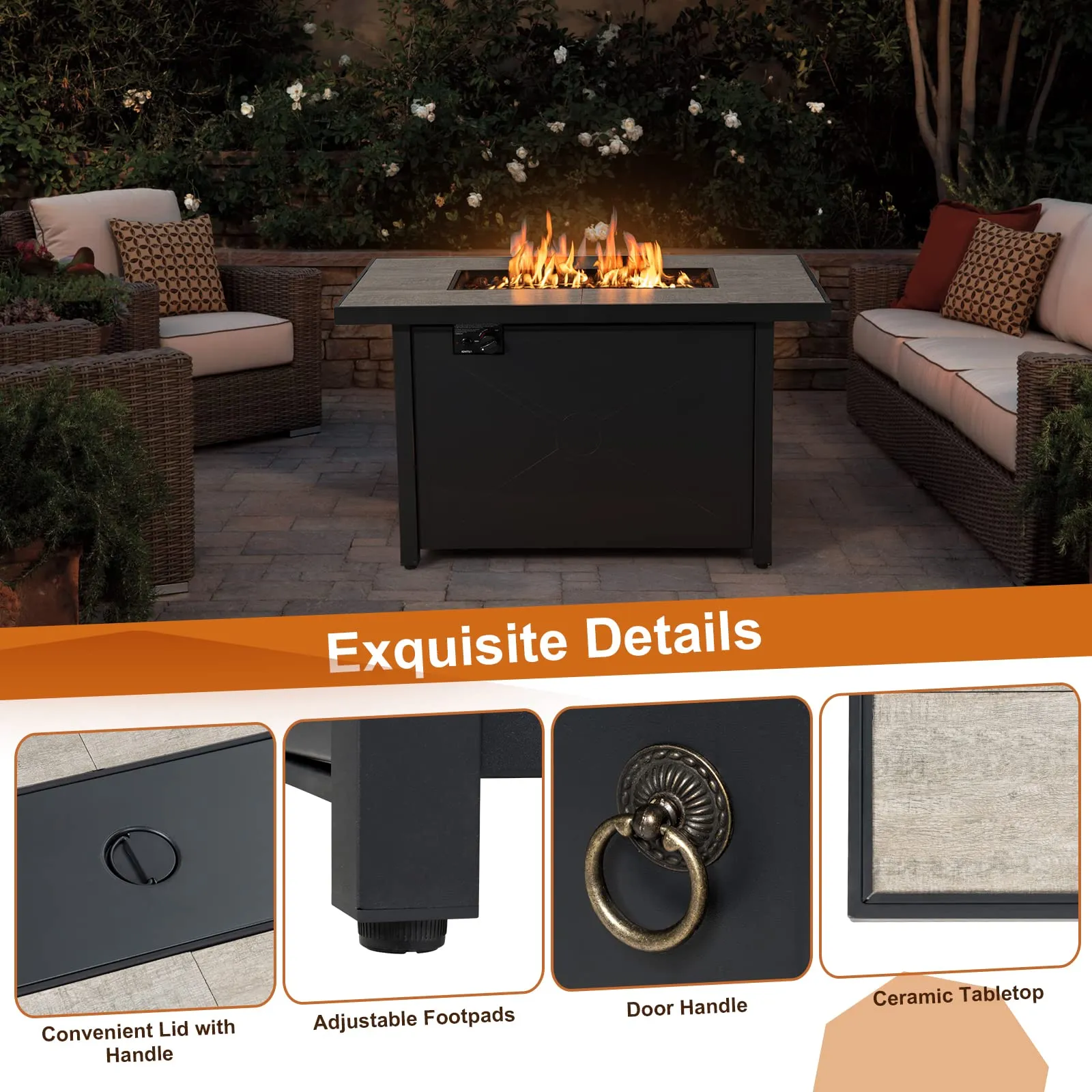 Tangkula 42 Inch Propane Fire Pit Table, Patiojoy 60,000 BTU Outdoor Rectangle Gas Fire Table with Ceramic Tabletop