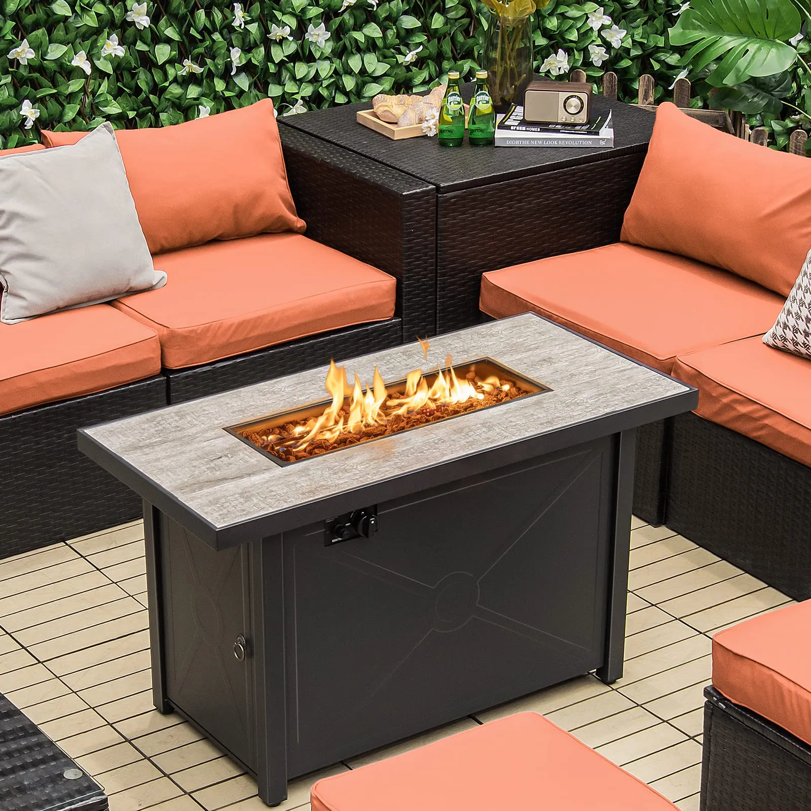 Tangkula 42 Inch Propane Fire Pit Table, Patiojoy 60,000 BTU Outdoor Rectangle Gas Fire Table with Ceramic Tabletop