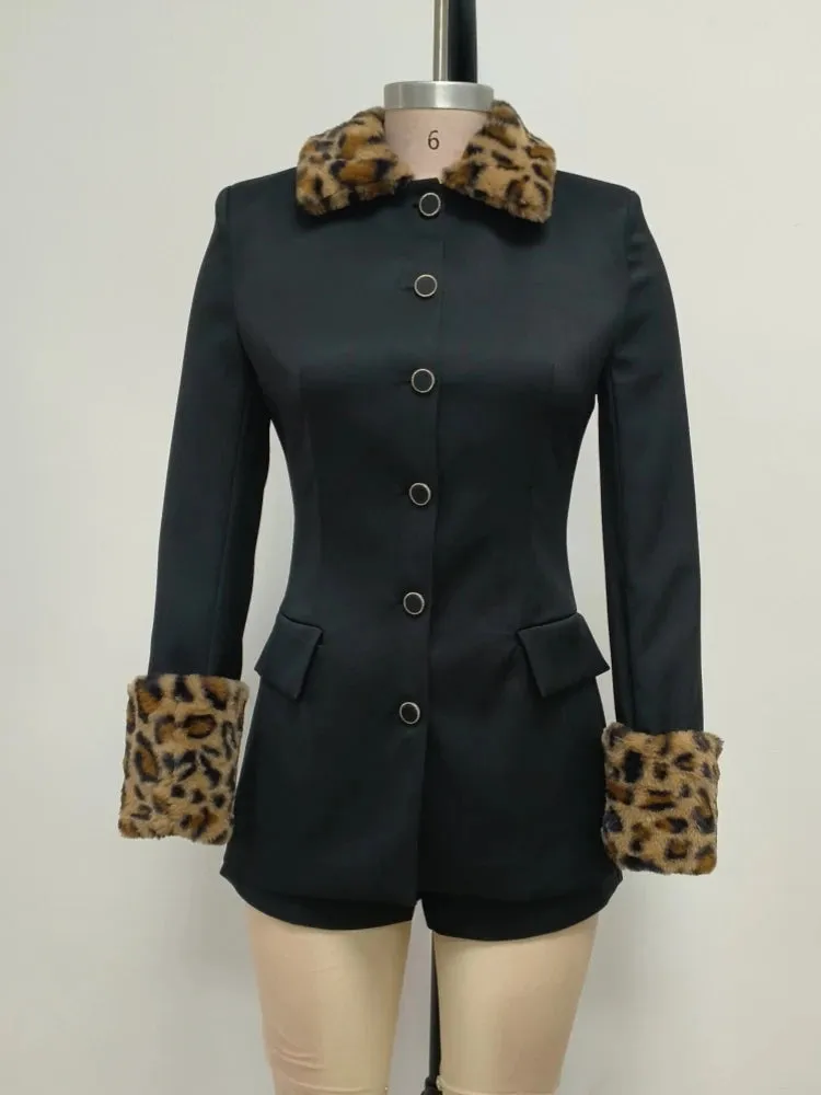 Trend4us Luxe Leopard Trim Blazer & Shorts Set