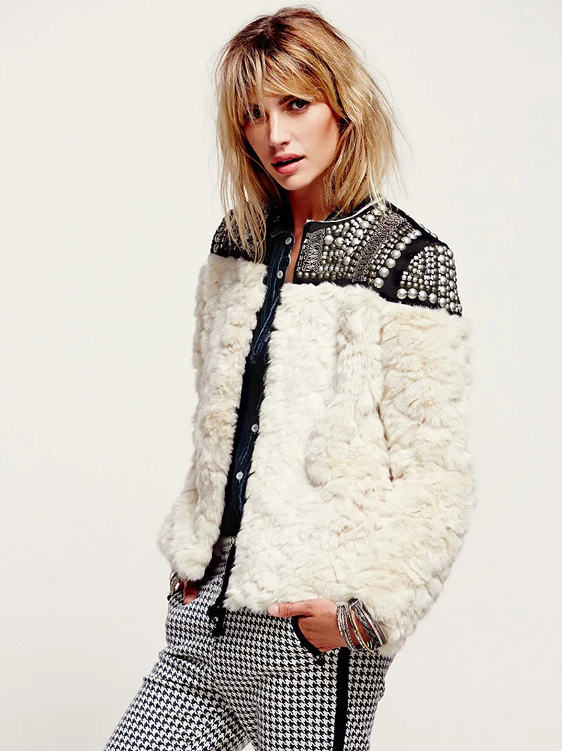 Unique Faux Rabbit Fur Beaded Jacket