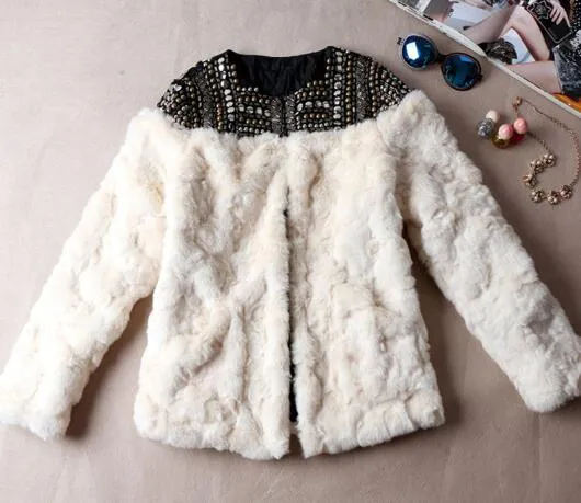 Unique Faux Rabbit Fur Beaded Jacket