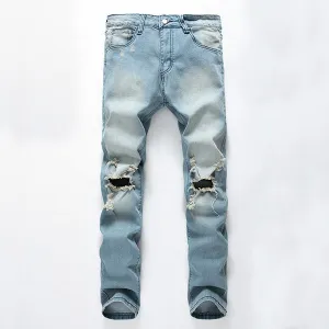 Vintage Fashion Light Blue Worn Hole Printed Stone Washed Denim Ripped Jeans for Men