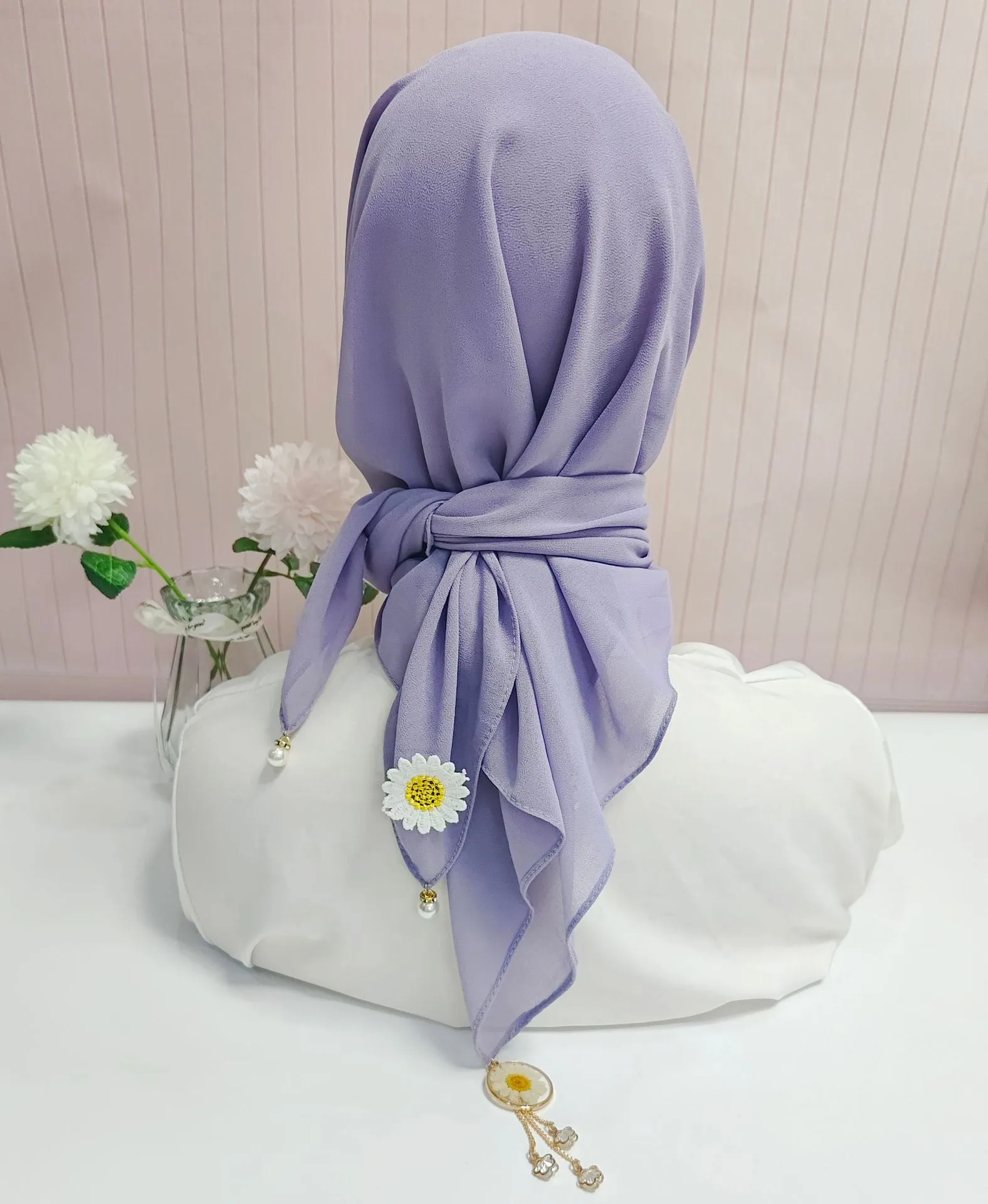 W-0036 90*90  plain pearl chiffon small daisy kerchief hijab scarf