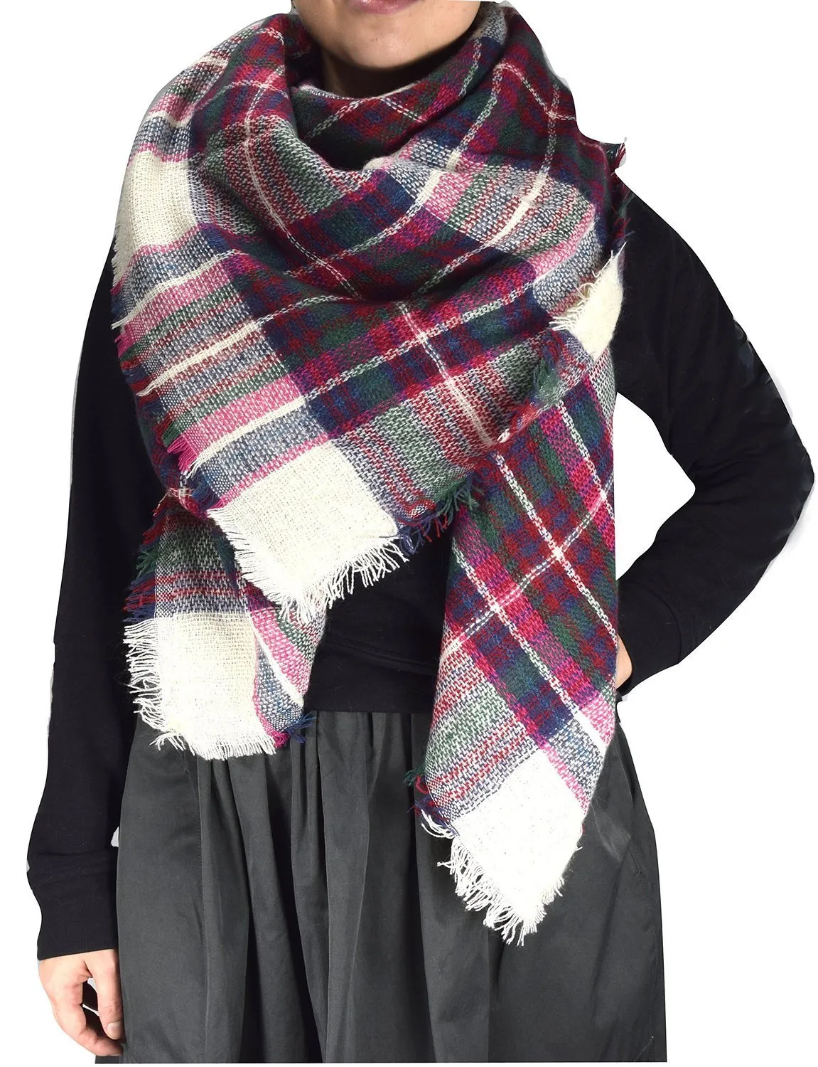 White &Fuchsia Cozy Plaid Patterned Oversized Fall or Winter Blanket Scarf Wrap