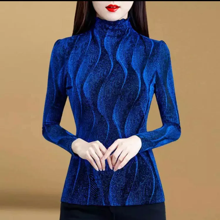 WOMEN 3D GRAPHIC TEXTURED RUFFLED DESIGN TURTLENECK