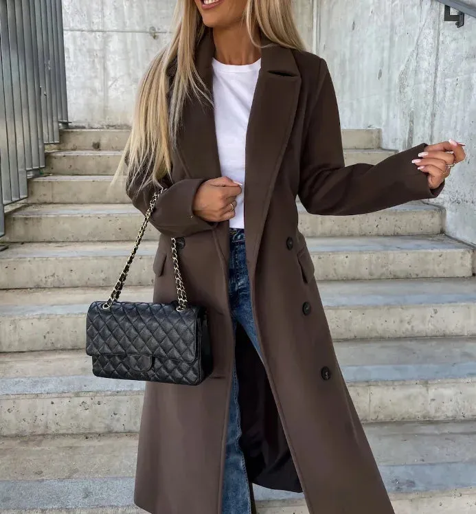 Women's Elegant Belted Long Warm Double-Breasted Winter Coat | Ideal for Autumn/Winter