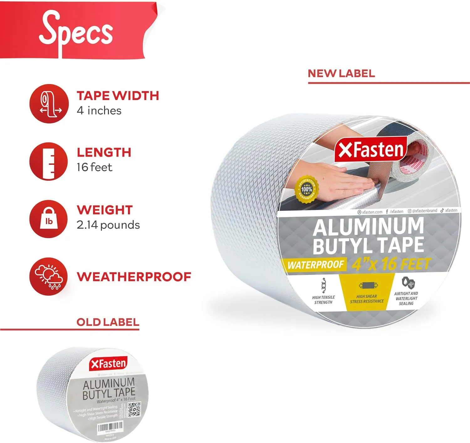 XFasten Super Waterproof Aluminum Butyl Tape, 4-Inch x 16-Foot